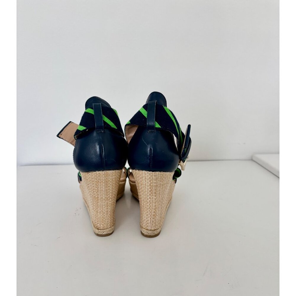 Tommy Hilfiger Sandals 10 Wedge Navy Green Striped Espadrille Preppy Nautical - Picture 15 of 16
